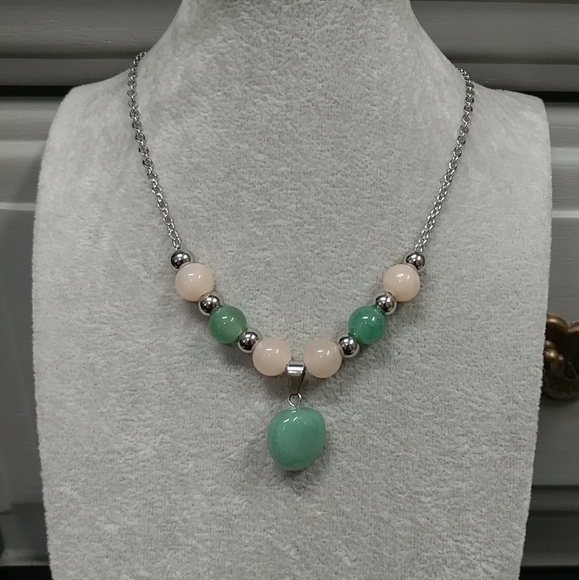 Aventurine Necklace Natural Gemstone Pendant Beads Stainless-Steel Green & Peach - Picture 14 of 17